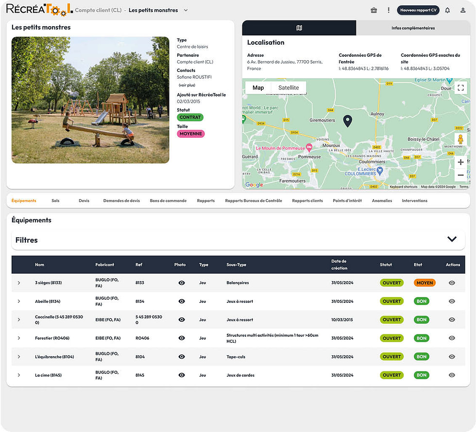 Interface RecreaTool : vue d'un site et de ses equipements dans le registre de securite