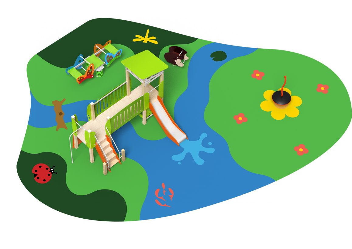 Aire de jeux Champ&ecirc;tre avec structure 2 tours, jeux &agrave; ressort, jeu &agrave; rotation et sol souple