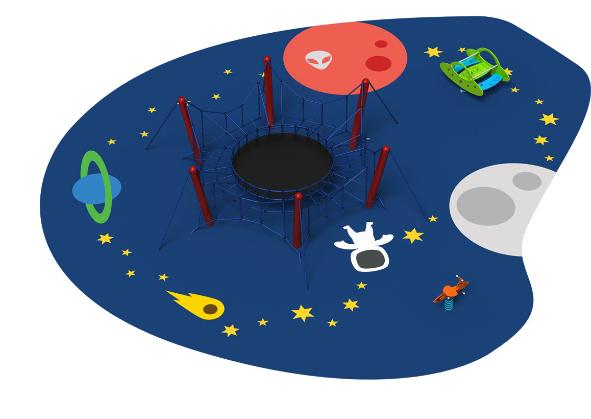 Aire de jeux Interplan&eacute;taire avec pyramide de cordes, trampoline, jeux &agrave; ressort et sol souple