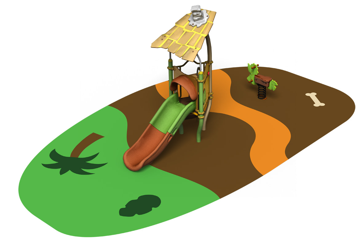 Aire de jeux Jurassique avec structure multi-activit&eacute;s, jeu &agrave; ressort et sol souple