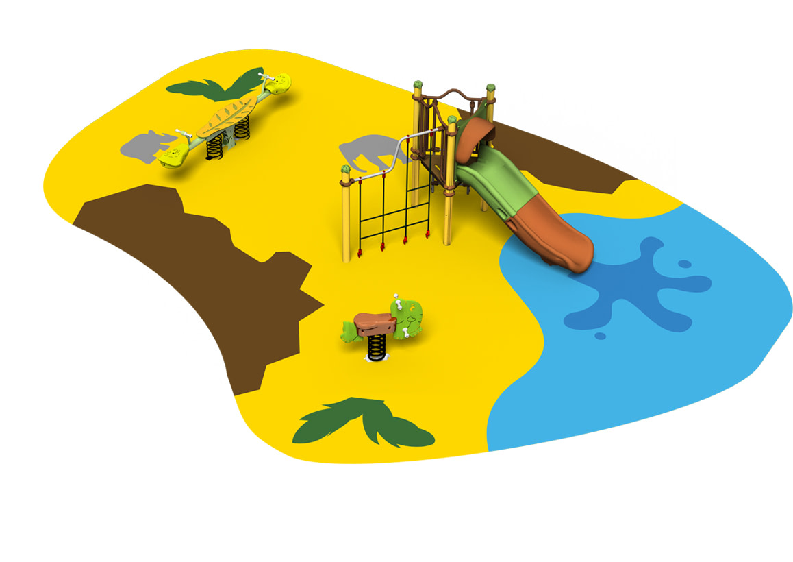 Aire de jeux Safari avec structure multi-activit&eacute;s, jeux &agrave; ressort et sol souple