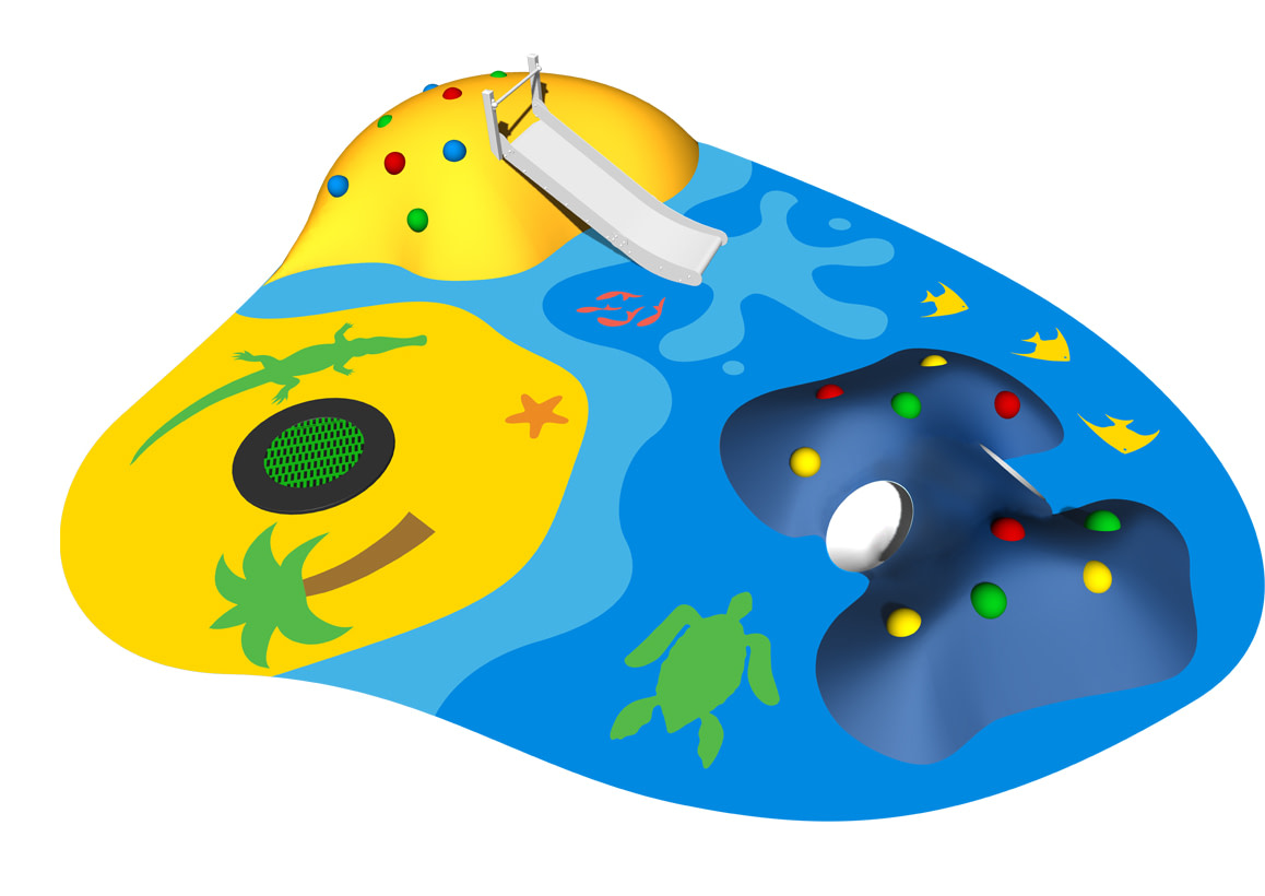 Aire de jeux Tout en relief avec trampoline, toboggan, tunnel et sol souple en relief