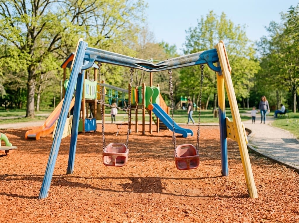 une-balancoires-vandalisée Aire de jeux colorée avec balançoires et toboggans, parc fréquenté par de nombreuses familles vandalisée