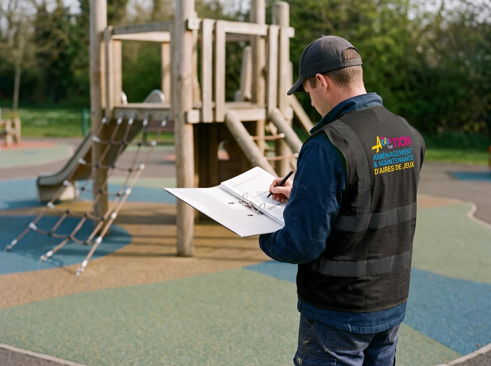 registre-securite-aire-de-jeux-technicien Technicien remplissant un registre de sécurité dans un classeur ouvert, devant une structure de jeux en bois posée sur un sol souple coulé