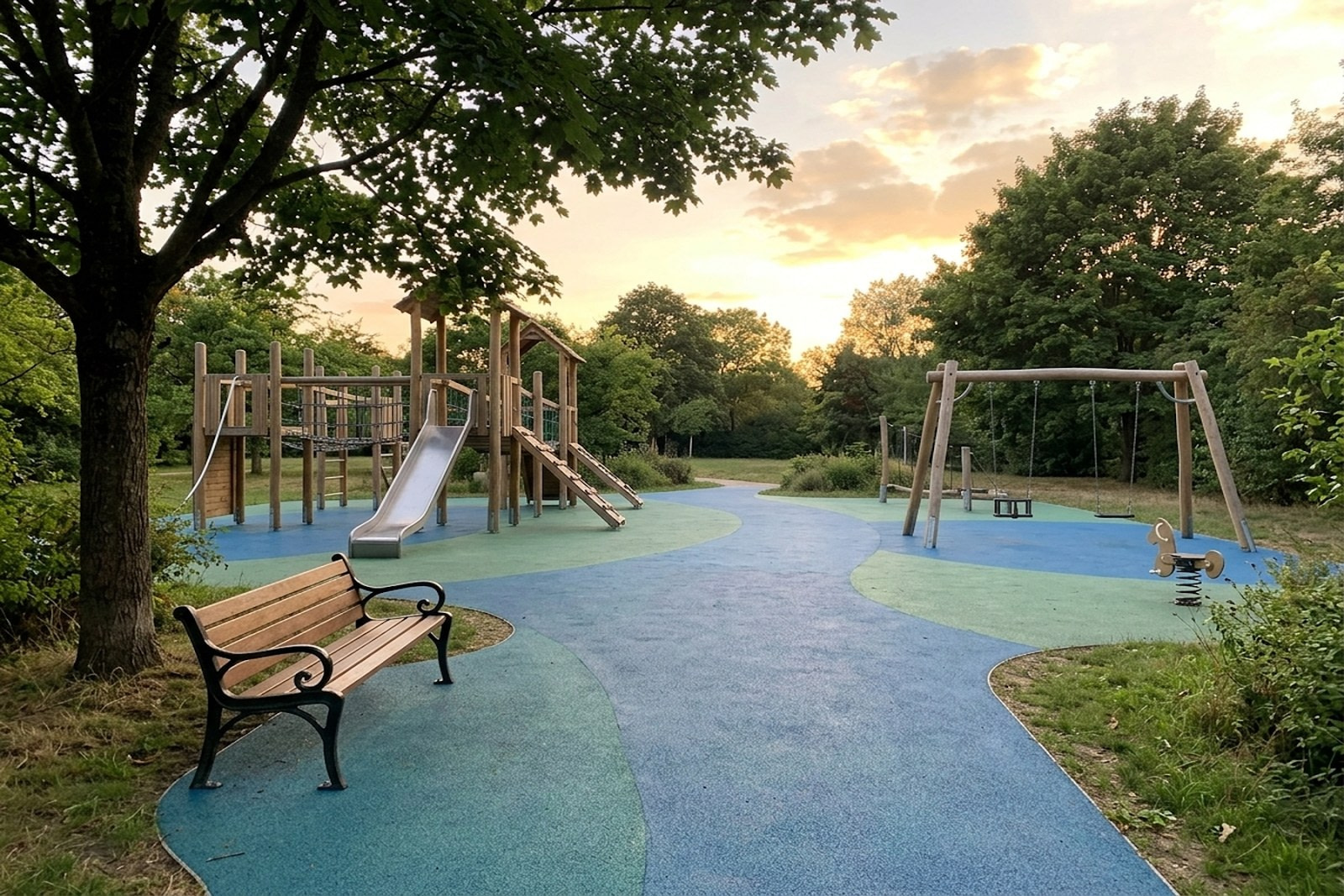 aire-de-jeux-cheminement-sol-souple-accessible Cheminement en sol souple coulé bleu traversant une aire de jeux jusqu'aux équipements, avec un banc à l'ombre d'un arbre, en fin de journée